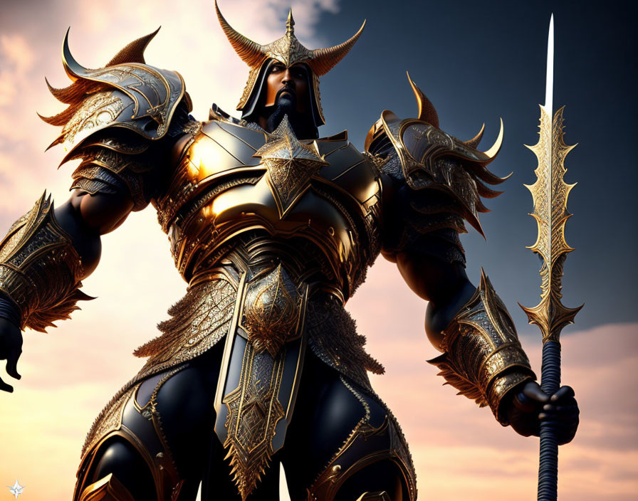 Warrior in Golden Armor with Horned Helmet and Longsword at Twilight