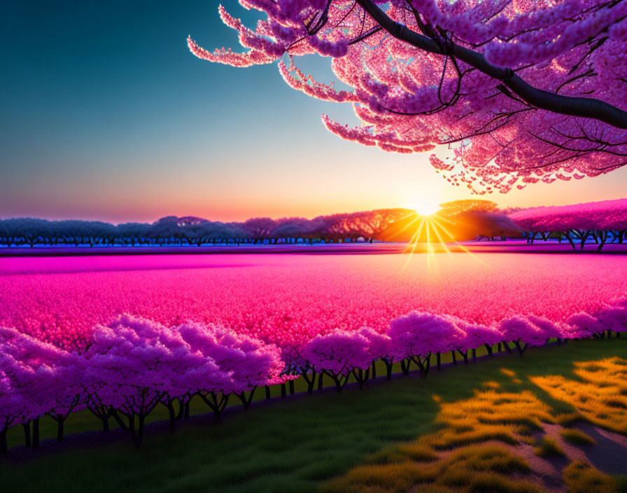 Colorful sunset over pink blossom field with tree branches and grass shadows