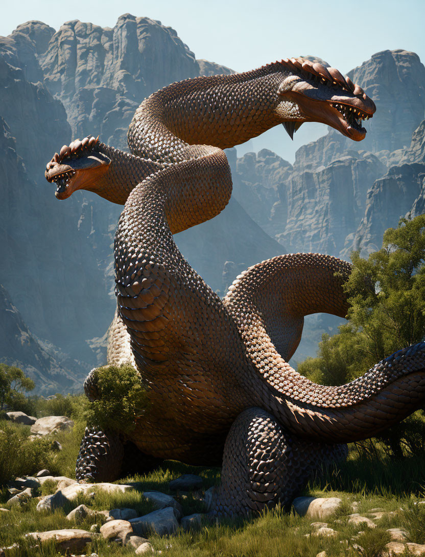 Two-Headed Brown Dragon Among Rocks and Mountains