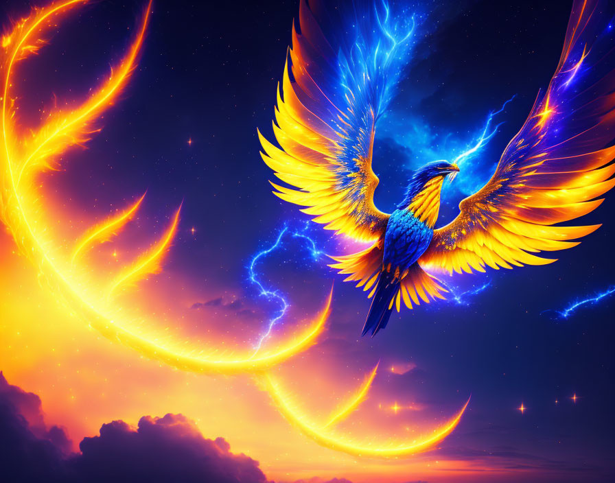 Mythical phoenix with fiery plumage soaring in twilight sky