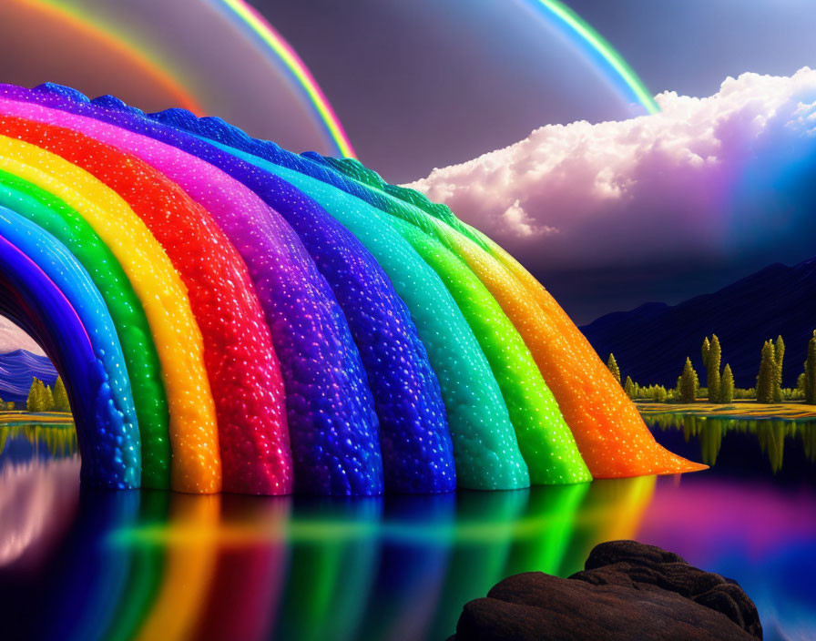 Vibrant rainbow with droplet effect over serene lakeside landscape
