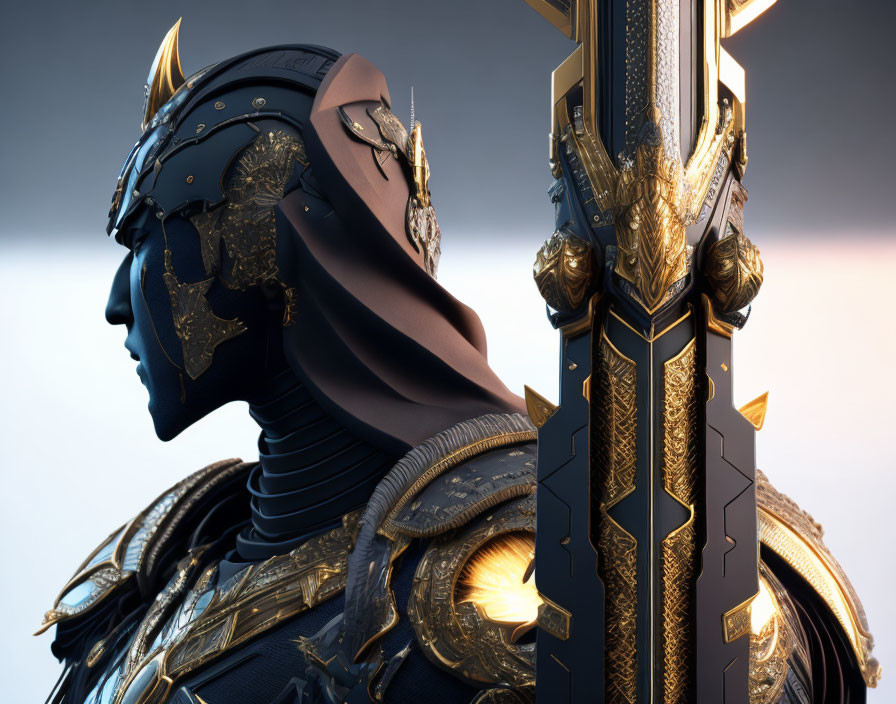 Detailed Gold and Black Armor with Bird of Prey Helmet and Ornate Weapon