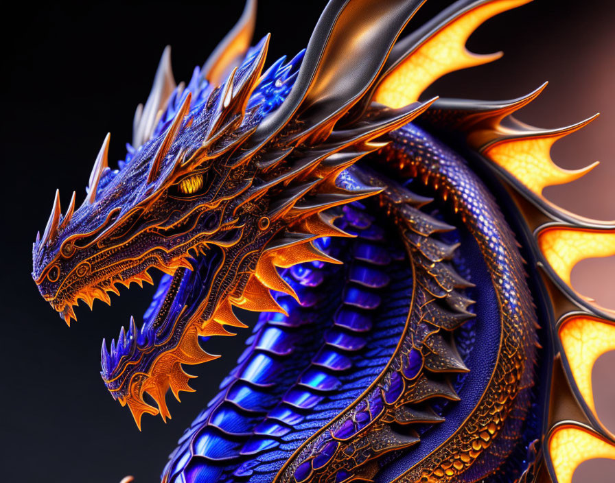 Detailed metallic blue dragon with orange accents and sharp spines on dark background