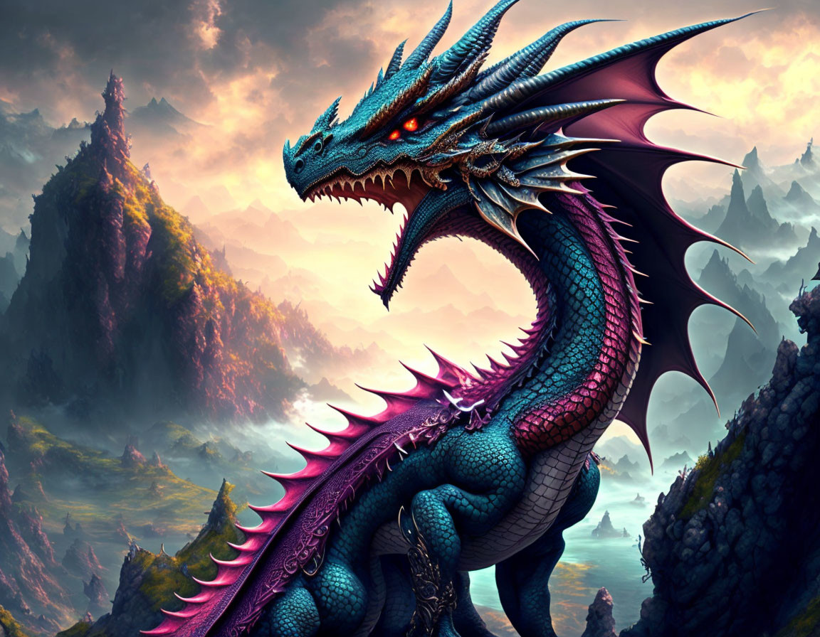Blue dragon with pink spikes on rocky cliff against mountain backdrop at sunset