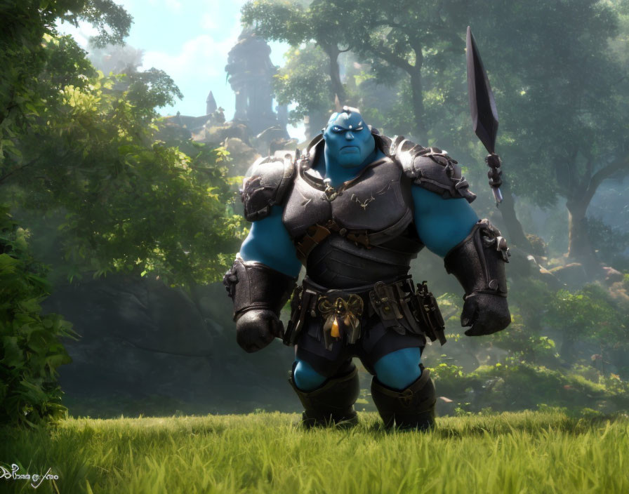 Muscular blue-skinned character in armor with spear in lush forest setting