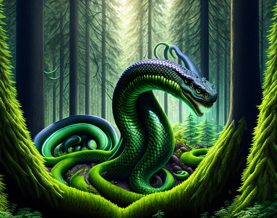 Mystical forest scene with glowing-eyed green serpent