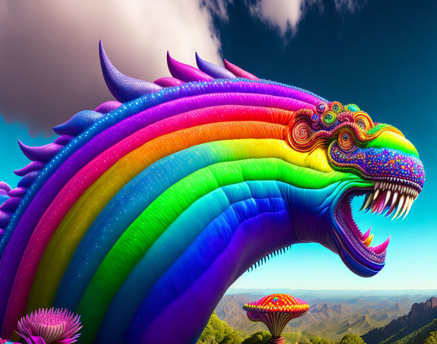 Colorful Dragon with Rainbow Body and Mountain Backdrop