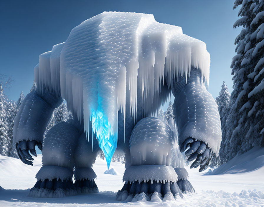 Snowy creature with ice crystals in a winter forest