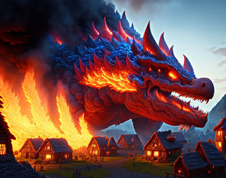 Gigantic blue and red dragon spews fire on village with thatched houses at dusk