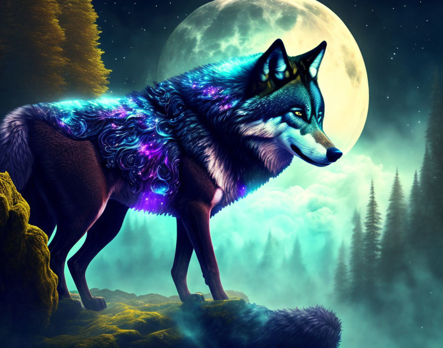 Colorful Wolf on Cliff under Full Moon and Starry Sky