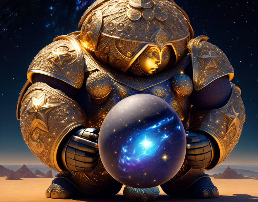 Golden robotic figure holds galaxy-filled orb in starry desert setting