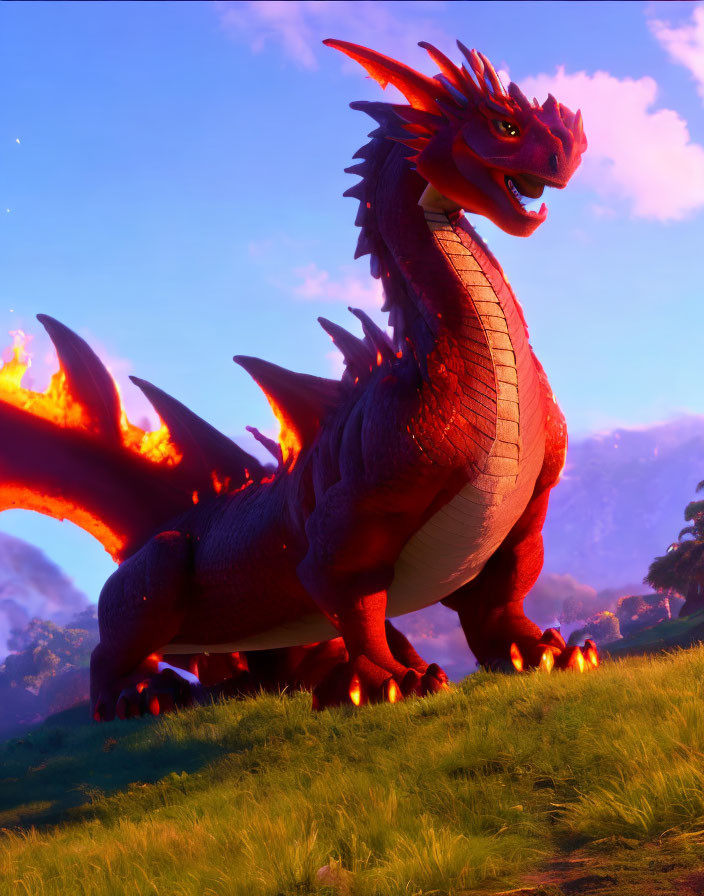 Vibrant red animated dragon with fiery wings in lush landscape