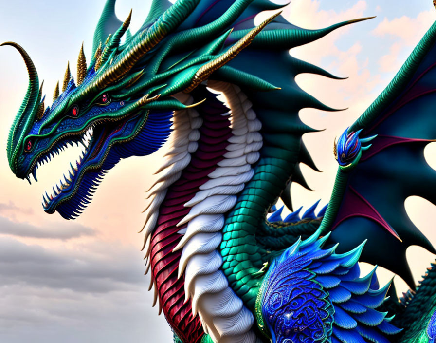 Detailed Dragon Artwork with Vibrant Scales & Multiple Horns