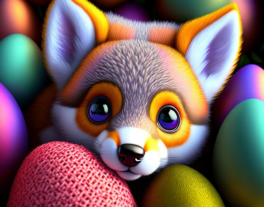 Colorful Cartoon Red Panda Among Colorful Spheres Illustration