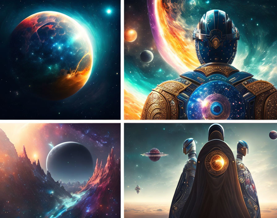 Collage of cosmic scenes with futuristic figures and vibrant celestial bodies