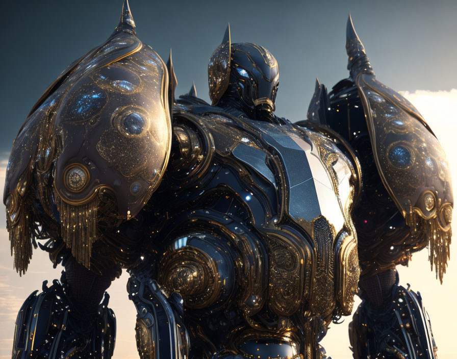 Detailed futuristic robot with golden armor under sunset sky