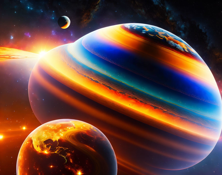 Colorful gas giant, terrestrial planet, moon, and sun in space scene