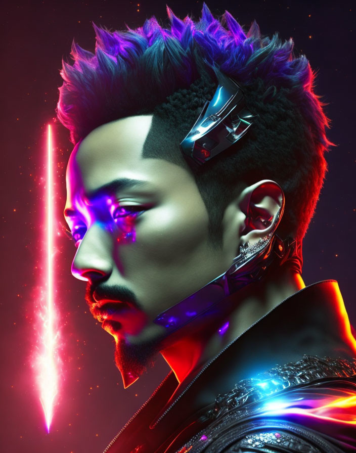Cyberpunk-inspired portrait of man with metallic cybernetic enhancements