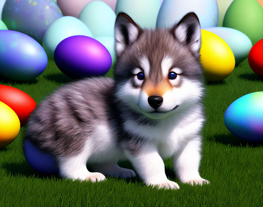 Computer-generated fluffy husky puppy with blue eyes among Easter eggs on grass