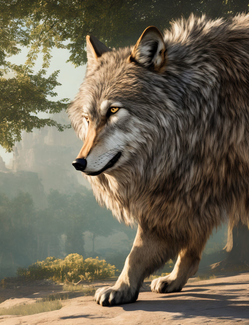 Detailed Gray Wolf Digital Illustration in Forest Setting