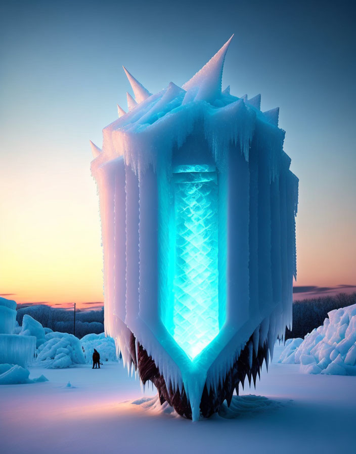 Blue glowing ice sculpture resembling spiky lantern with person silhouette at twilight