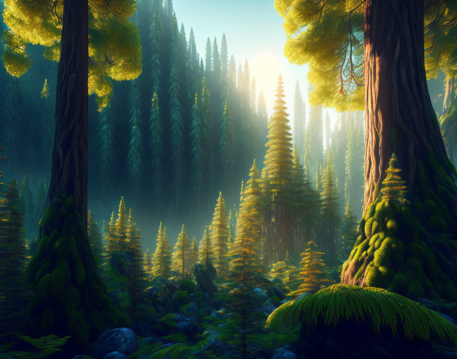 Misty forest at sunrise with tall trees and lush greenery