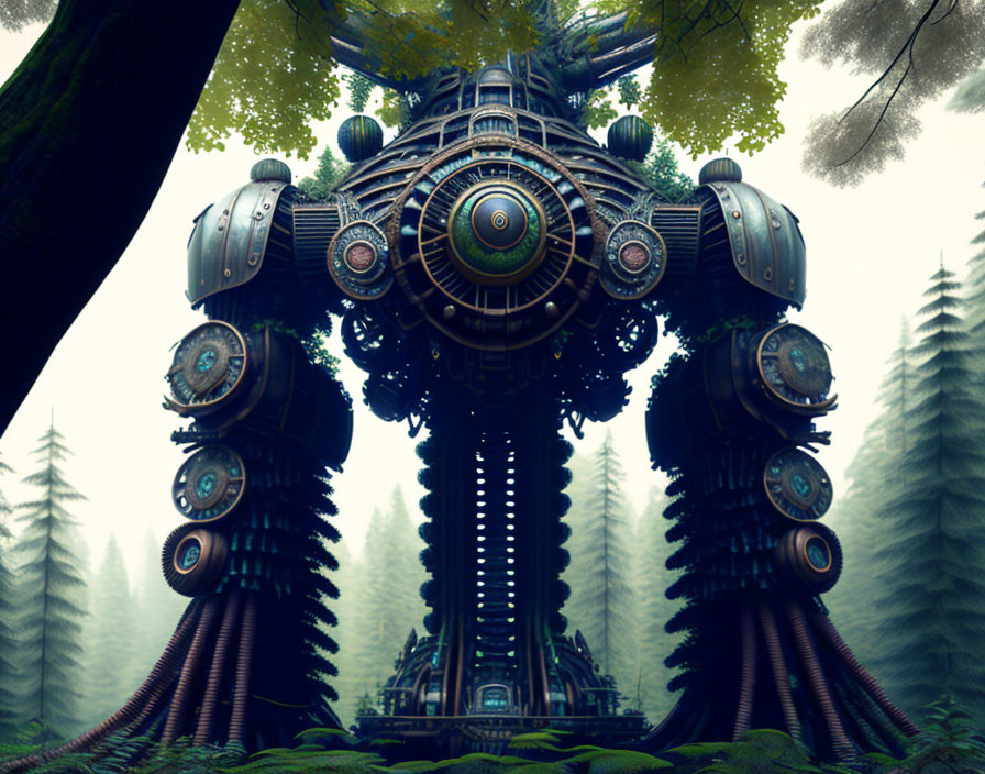 Fantastical tree-like structure with mechanical elements in misty forest