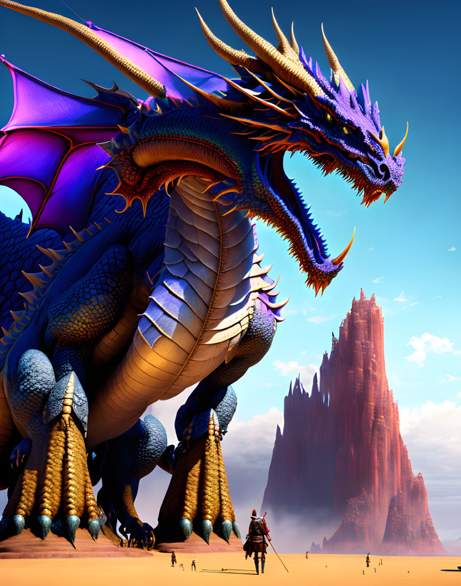Knight confronting blue and purple dragon in desert with red rock formations