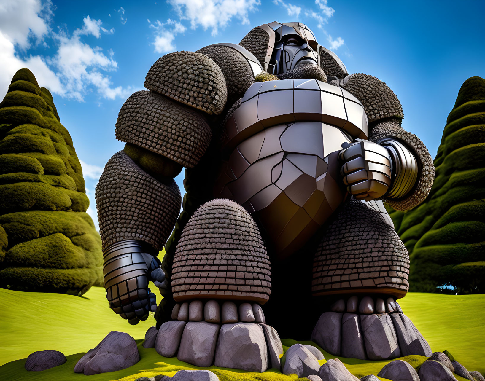 Gigantic Stone-Like Robot in Grass Field with Green Hills