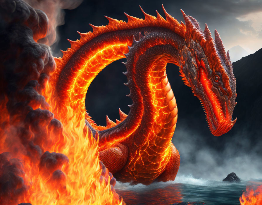 Fiery red dragon emerging from the sea with glowing scales and dark sky