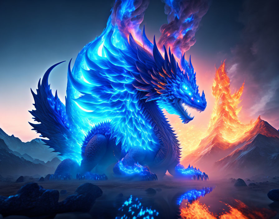 Blue Dragon in Volcanic Landscape with Glowing Scales