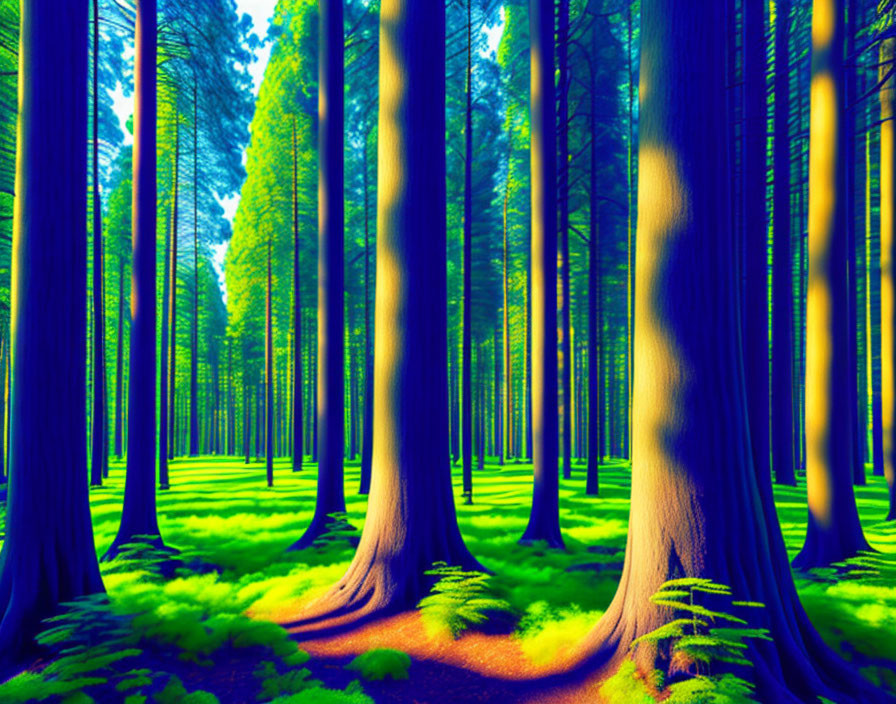 Mystical forest scene with tall, straight trees in blue and yellow hues