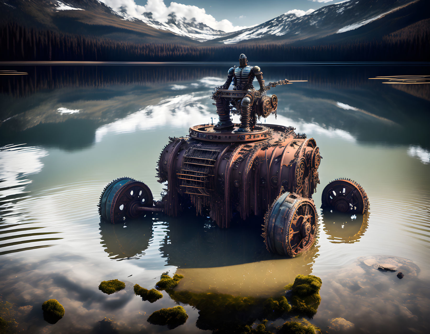 Steampunk-style tank with gears near serene lake and mountains