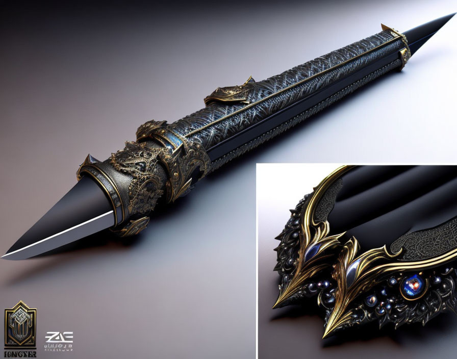 Fantasy dagger with golden dragon designs and blue gemstone on gradient background