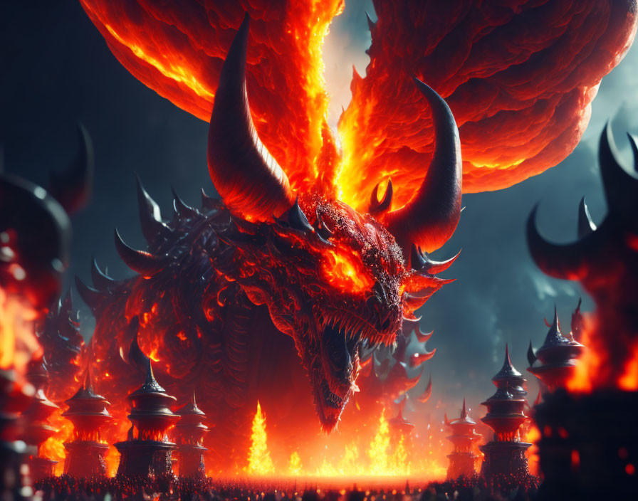Fiery dragon with blazing wings in infernal landscape and smoky sky