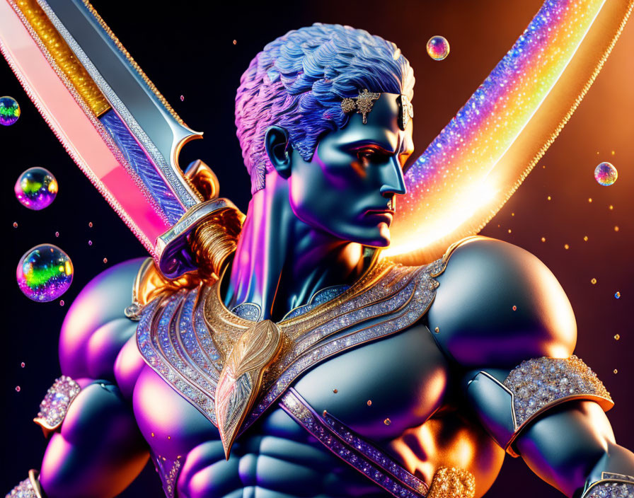 Blue-skinned male in golden armor wields sword in cosmic scene