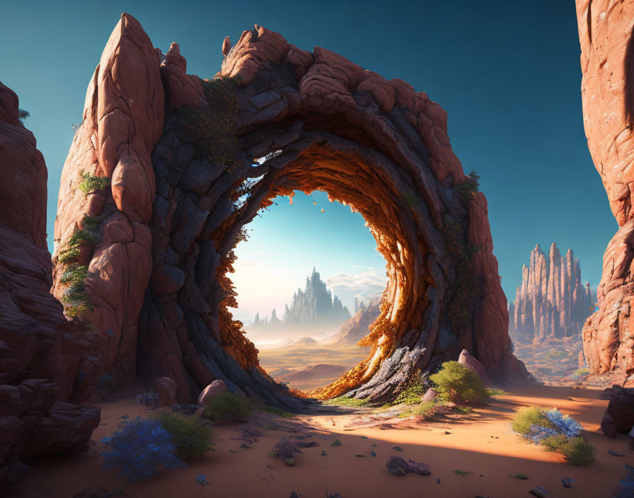 Expansive desert landscape with natural archway and rock formations