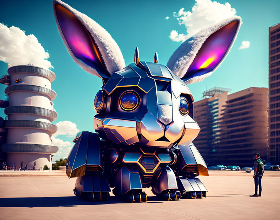 Futuristic mechanical rabbit with glowing eyes in urban setting