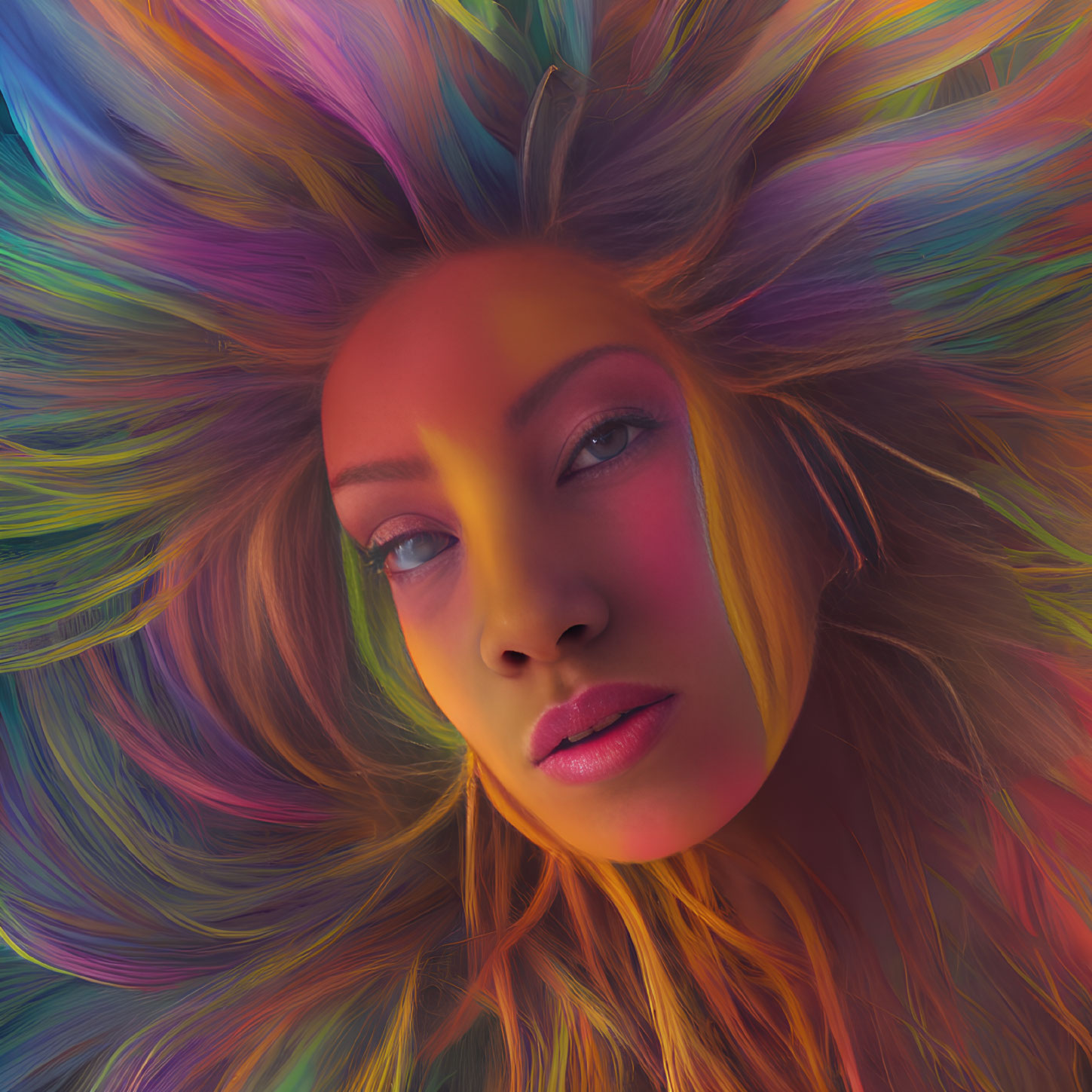 Colorful multi-colored hair on woman against vibrant background
