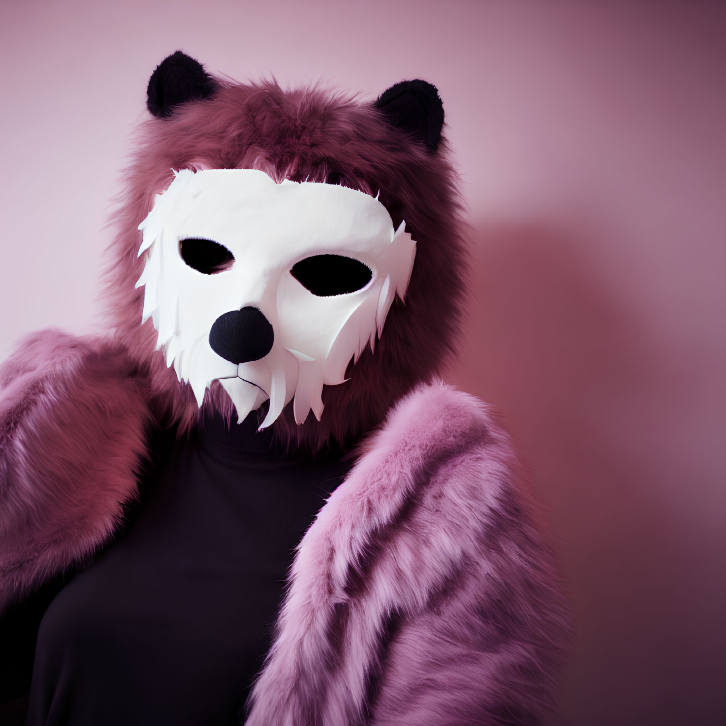 Furry costume with bear mask on pink background