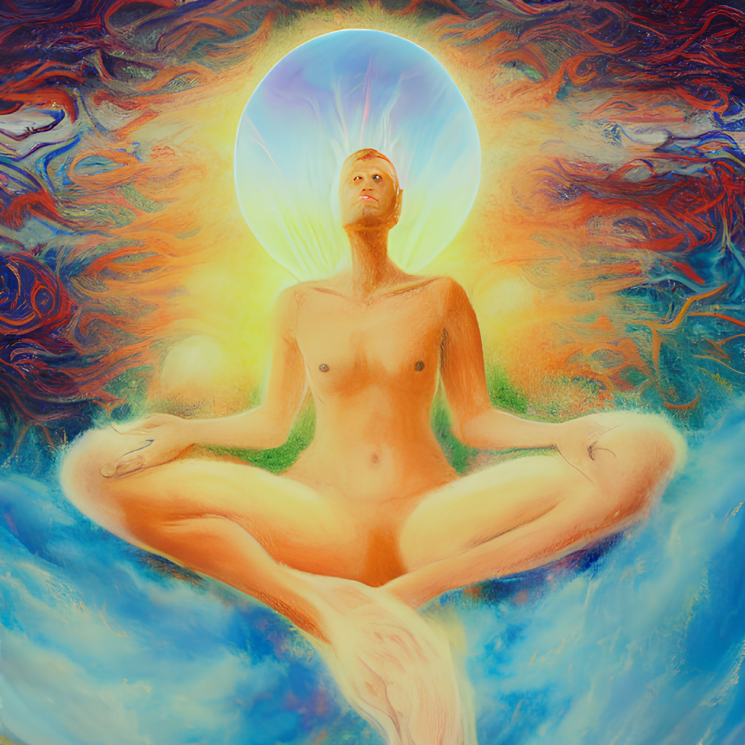 Glowing bald figure meditating with radiant orb in abstract painting