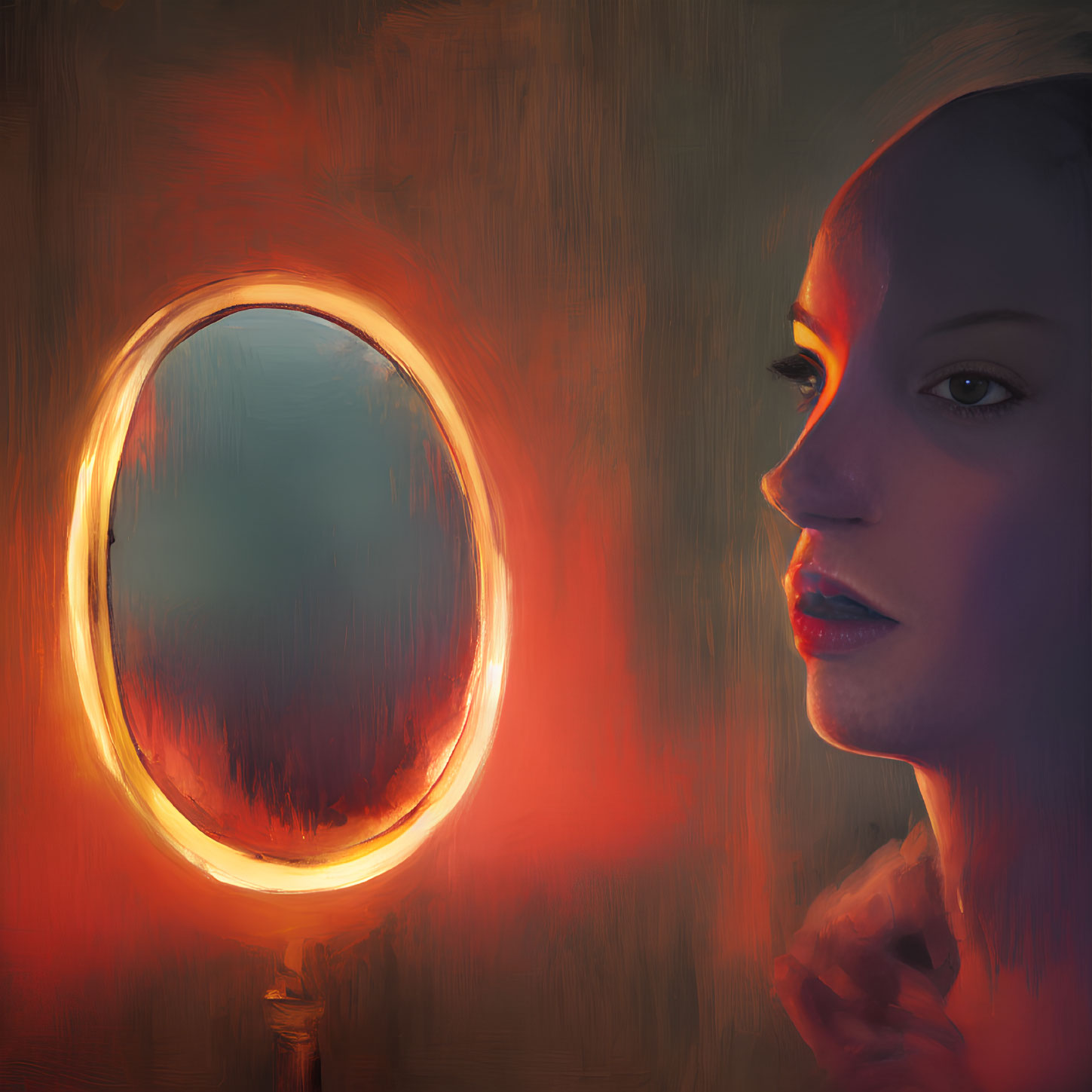 Side profile of a woman illuminated by warm orange light from a round mirror