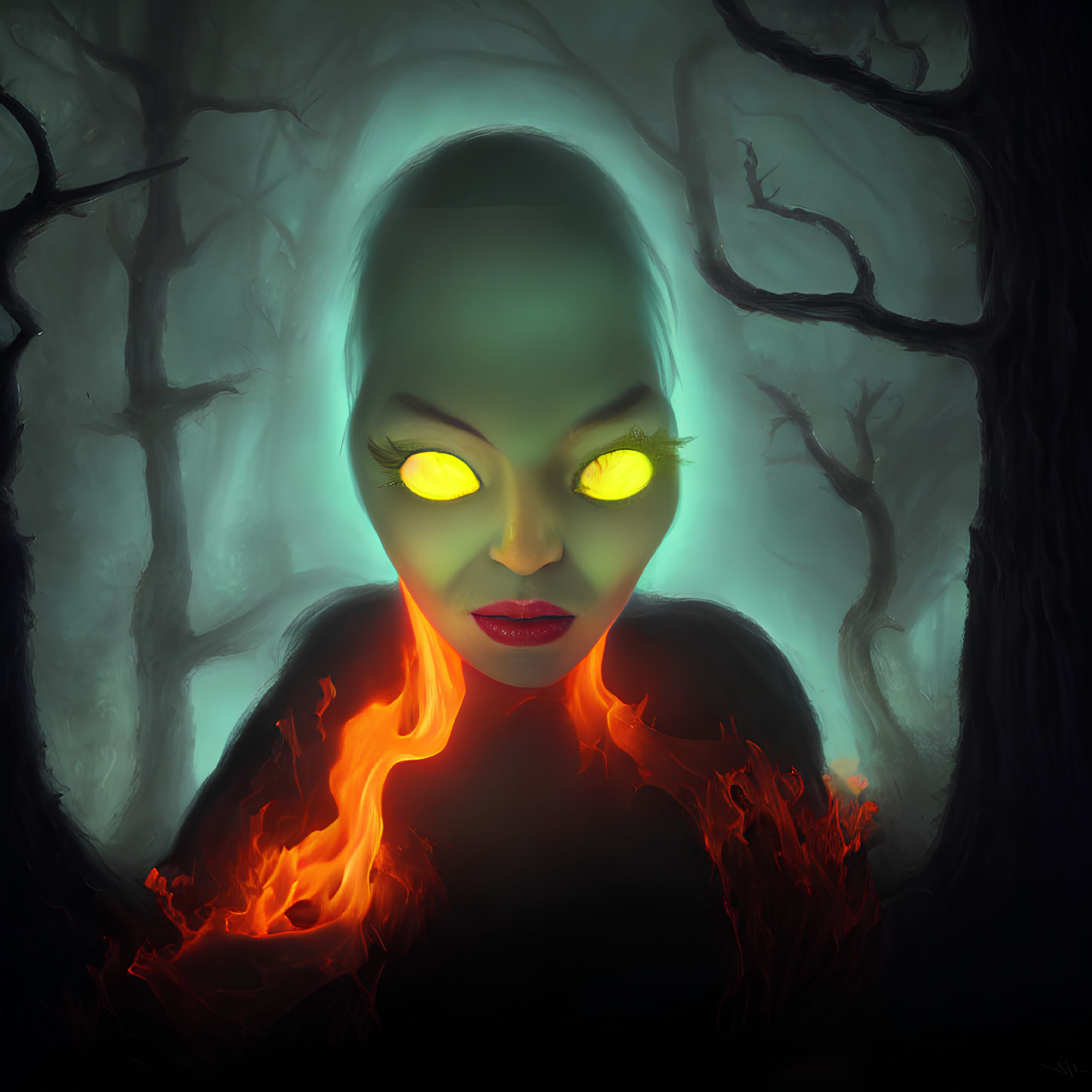 Mysterious figure with glowing eyes in dark forest