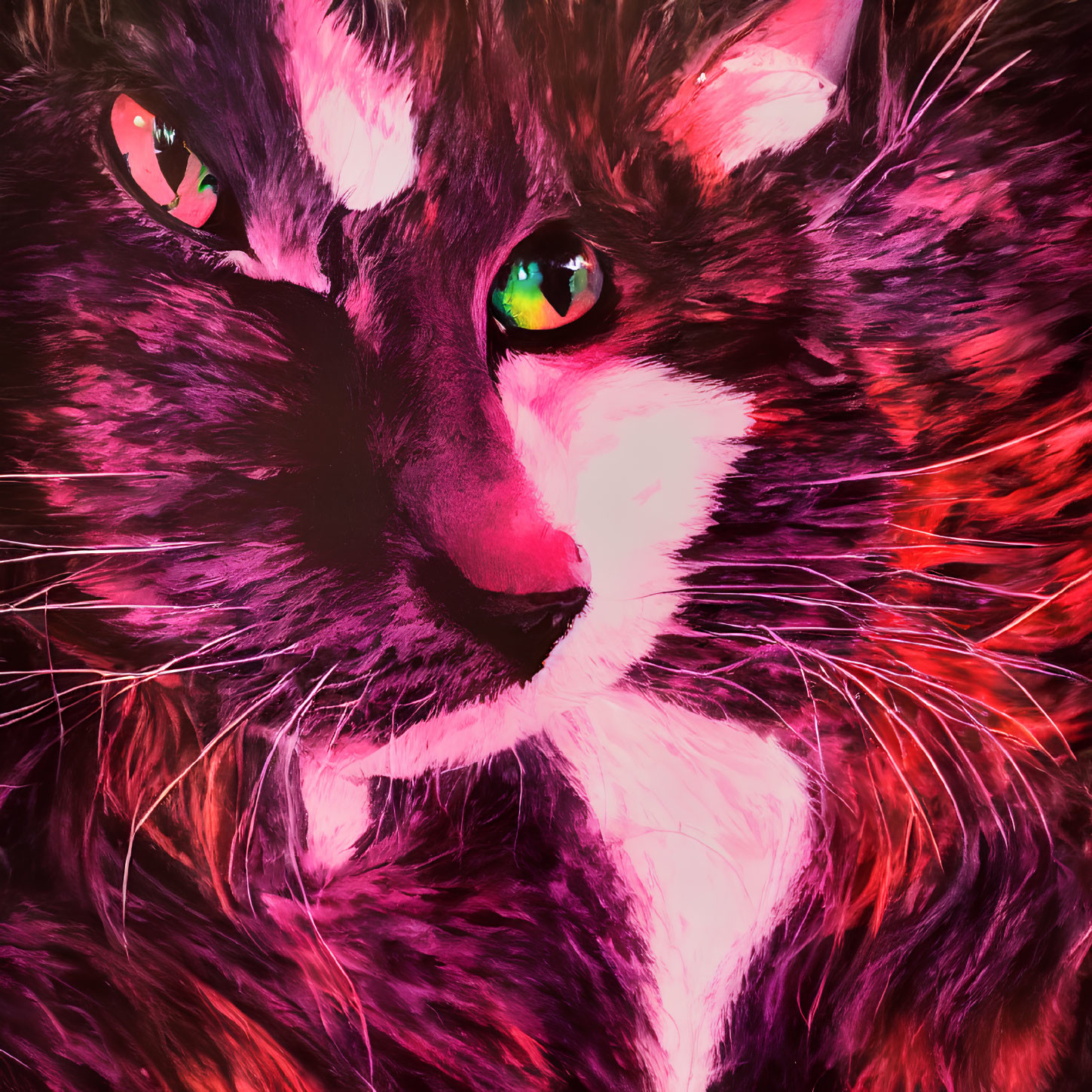 Colorful Digital Artwork of Cat with Green Eyes in Pink and Crimson Tones