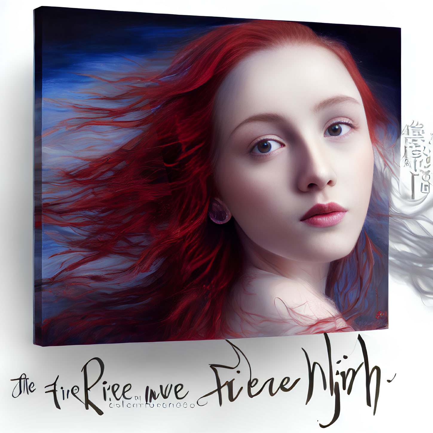 Digital painting of woman with red hair & fair skin on canvas, showcasing "Fire Within - Fierce