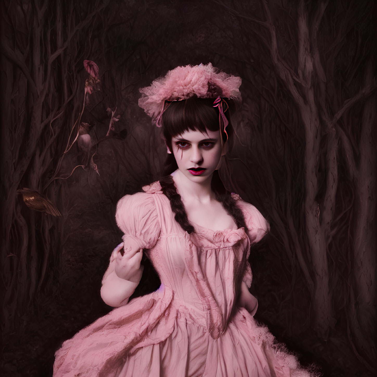 Woman in Vintage Pink Dress and Bonnet in Dark Forest with Feather