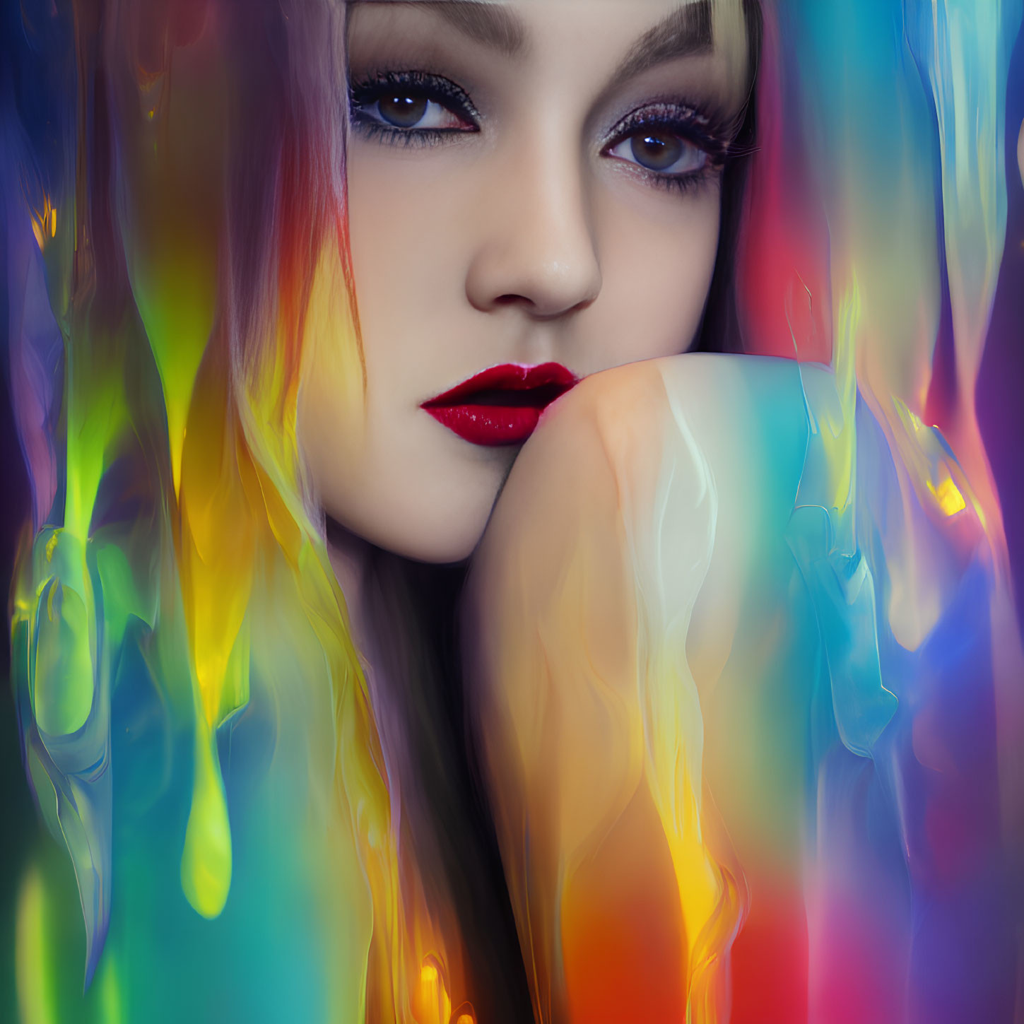 Vibrant rainbow colors frame woman with striking makeup