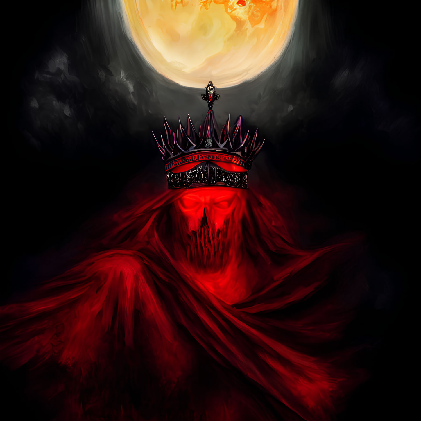 Mysterious figure in red cloak with spiky crown under red moon