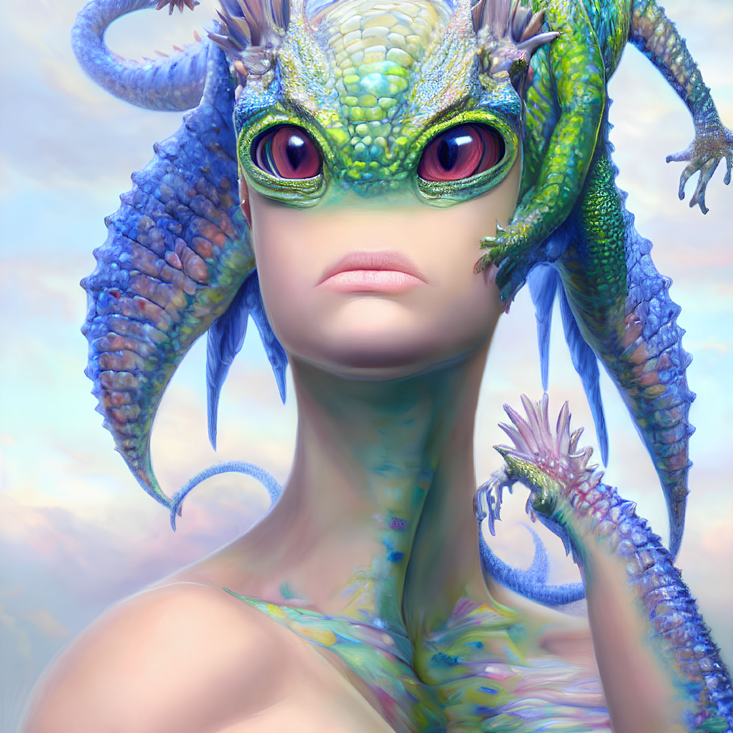 Fantasy portrait of humanoid creature with green reptilian skin and blue scales