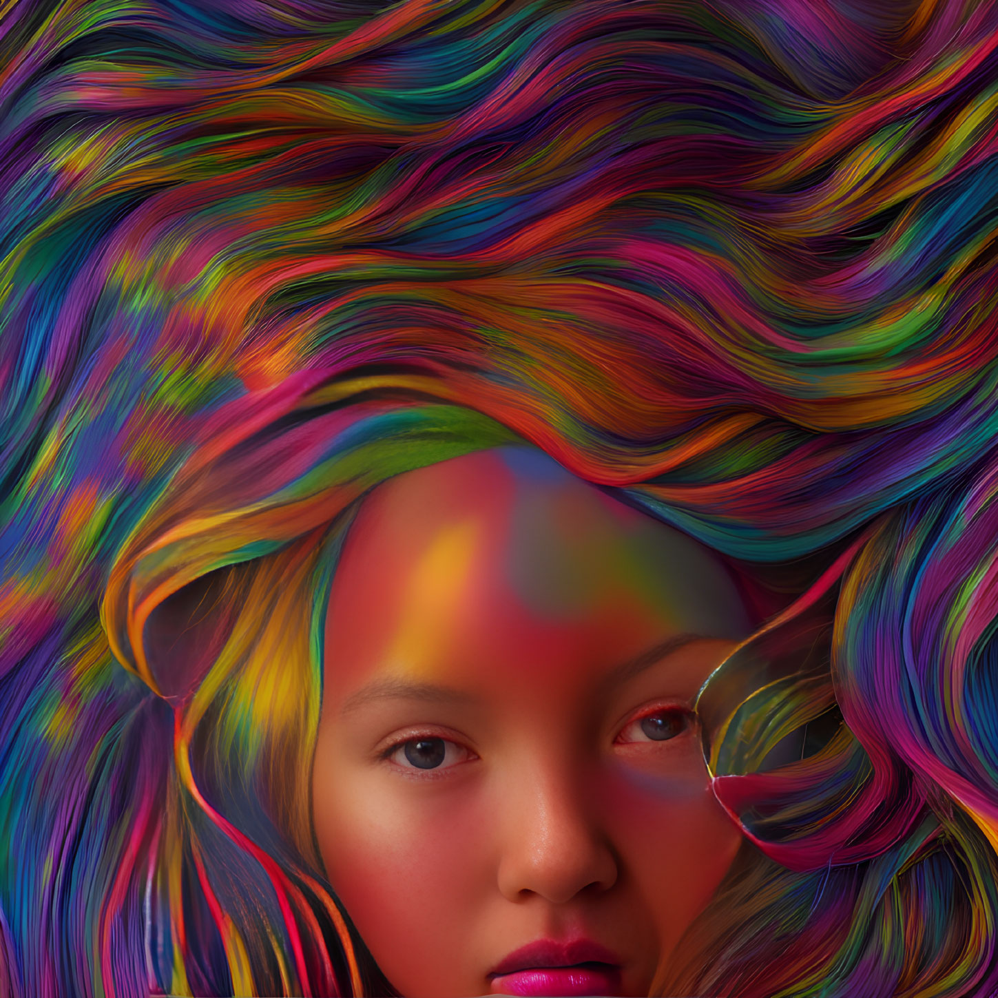 Colorful flowing hair resembling vibrant paint swirls on a person's face with a contemplative expression